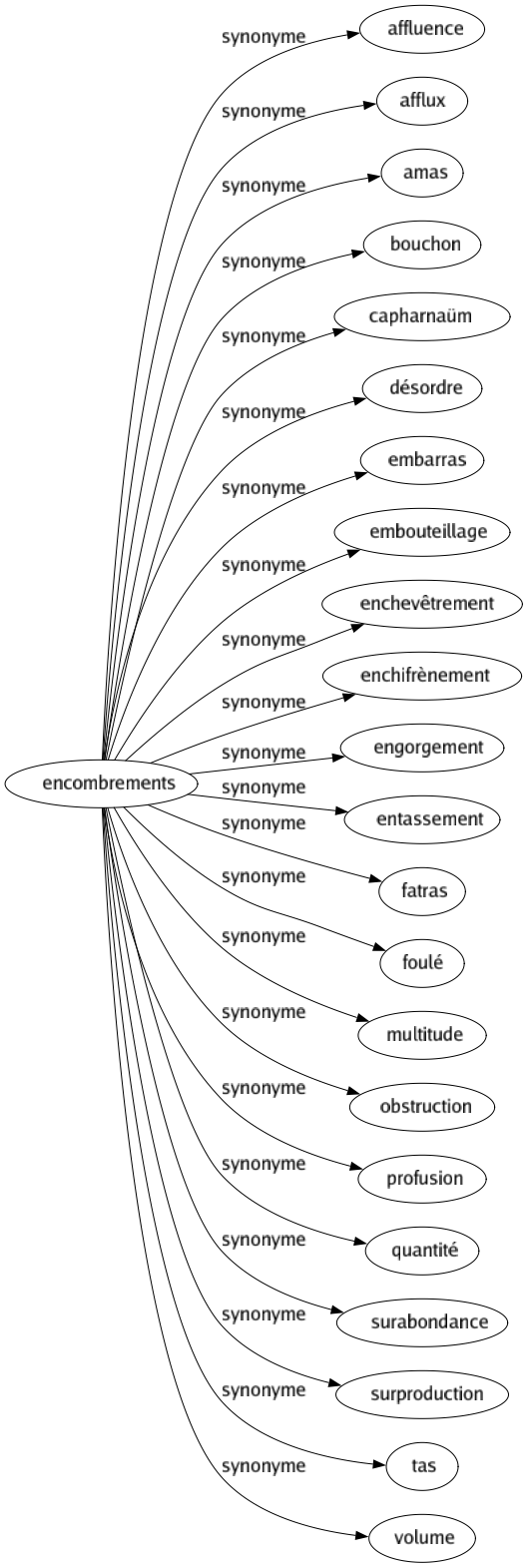 Synonyme de Encombrements : Affluence Afflux Amas Bouchon Capharnaüm Désordre Embarras Embouteillage Enchevêtrement Enchifrènement Engorgement Entassement Fatras Foulé Multitude Obstruction Profusion Quantité Surabondance Surproduction Tas Volume 