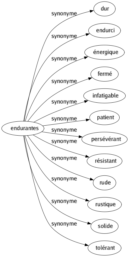 Synonyme de Endurantes : Dur Endurci Énergique Fermé Infatigable Patient Persévérant Résistant Rude Rustique Solide Tolérant 