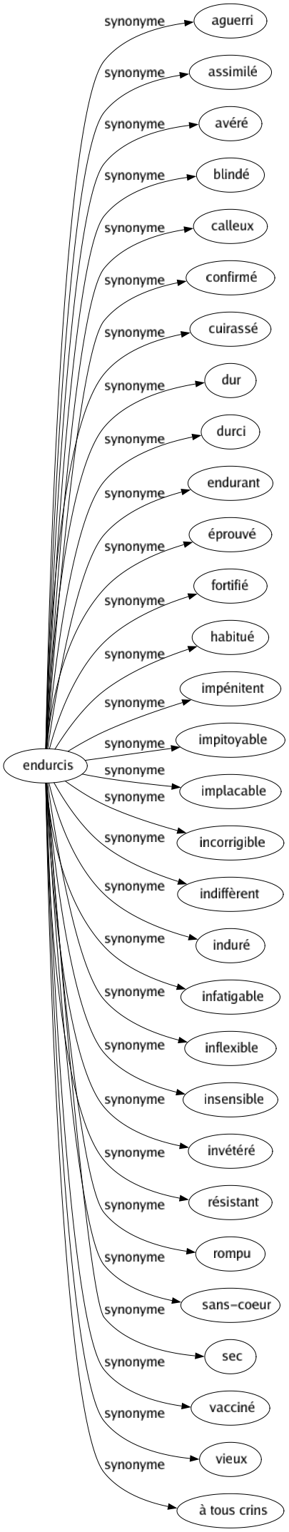 Synonyme de Endurcis : Aguerri Assimilé Avéré Blindé Calleux Confirmé Cuirassé Dur Durci Endurant Éprouvé Fortifié Habitué Impénitent Impitoyable Implacable Incorrigible Indiffèrent Induré Infatigable Inflexible Insensible Invétéré Résistant Rompu Sans-coeur Sec Vacciné Vieux À tous crins 