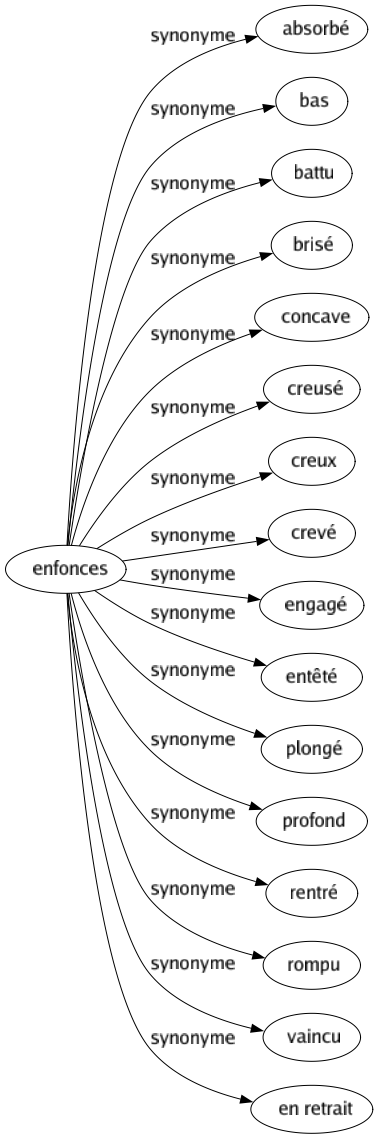 Synonyme de Enfonces : Absorbé Bas Battu Brisé Concave Creusé Creux Crevé Engagé Entêté Plongé Profond Rentré Rompu Vaincu En retrait 