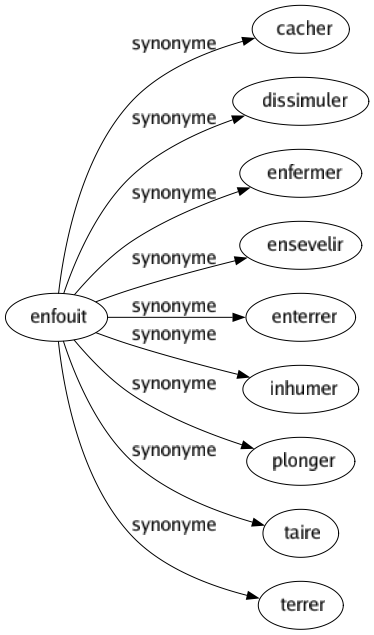 Synonyme de Enfouit : Cacher Dissimuler Enfermer Ensevelir Enterrer Inhumer Plonger Taire Terrer 