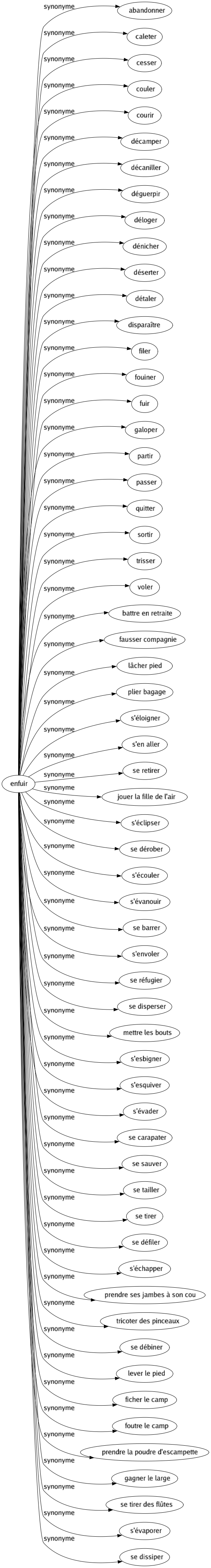 Synonyme de Enfuir : Abandonner Caleter Cesser Couler Courir Décamper Décaniller Déguerpir Déloger Dénicher Déserter Détaler Disparaître Filer Fouiner Fuir Galoper Partir Passer Quitter Sortir Trisser Voler Battre en retraite Fausser compagnie Lâcher pied Plier bagage S'éloigner S'en aller Se retirer Jouer la fille de l'air S'éclipser Se dérober S'écouler S'évanouir Se barrer S'envoler Se réfugier Se disperser Mettre les bouts S'esbigner S'esquiver S'évader Se carapater Se sauver Se tailler Se tirer Se défiler S'échapper Prendre ses jambes à son cou Tricoter des pinceaux Se débiner Lever le pied Ficher le camp Foutre le camp Prendre la poudre d'escampette Gagner le large Se tirer des flûtes S'évaporer Se dissiper 