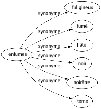 Synonyme de Enfumes : Fuligineux Fumé Hâlé Noir Noirâtre Terne 