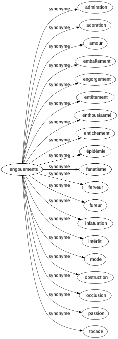 Synonyme de Engouements : Admiration Adoration Amour Emballement Engorgement Entêtement Enthousiasmé Entichement Épidémie Fanatisme Ferveur Fureur Infatuation Intérêt Mode Obstruction Occlusion Passion Tocade 