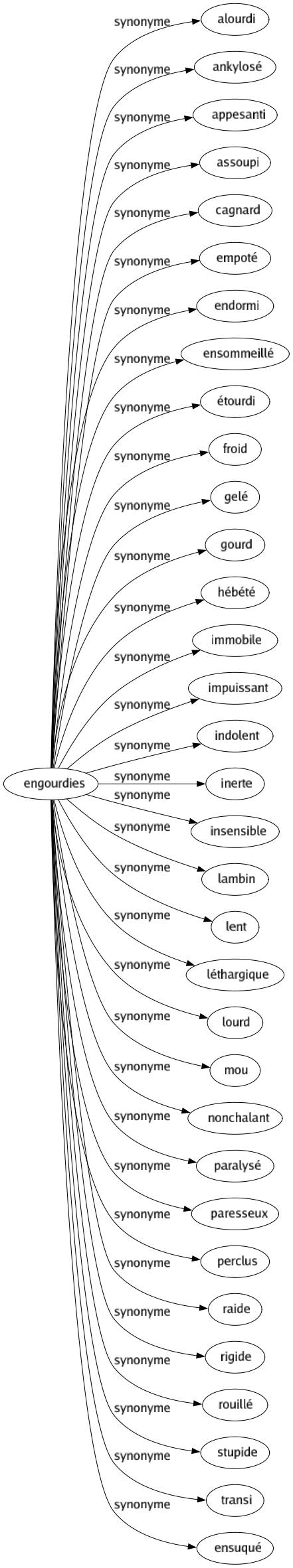 Synonyme de Engourdies : Alourdi Ankylosé Appesanti Assoupi Cagnard Empoté Endormi Ensommeillé Étourdi Froid Gelé Gourd Hébété Immobile Impuissant Indolent Inerte Insensible Lambin Lent Léthargique Lourd Mou Nonchalant Paralysé Paresseux Perclus Raide Rigide Rouillé Stupide Transi Ensuqué 