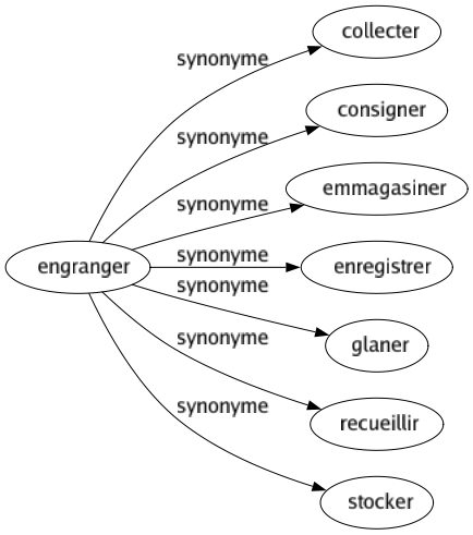 Synonyme de Engranger : Collecter Consigner Emmagasiner Enregistrer Glaner Recueillir Stocker 