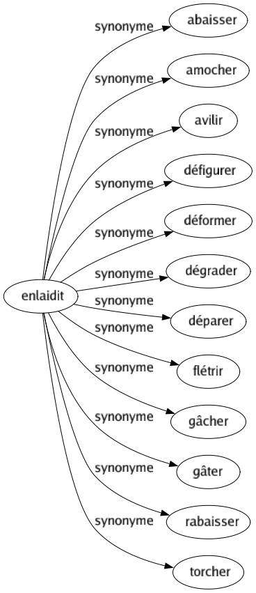 Synonyme de Enlaidit : Abaisser Amocher Avilir Défigurer Déformer Dégrader Déparer Flétrir Gâcher Gâter Rabaisser Torcher 