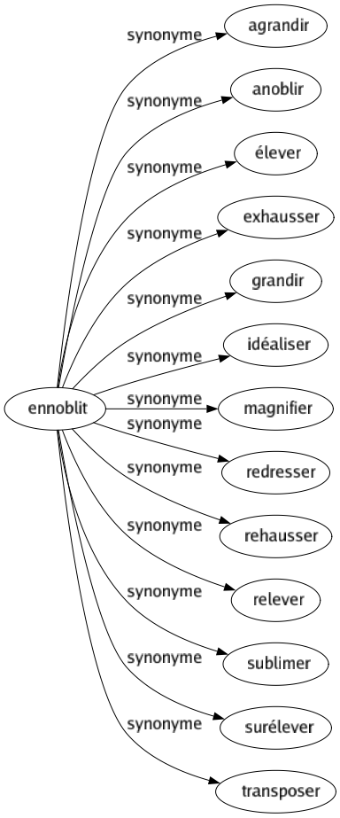 Synonyme de Ennoblit : Agrandir Anoblir Élever Exhausser Grandir Idéaliser Magnifier Redresser Rehausser Relever Sublimer Surélever Transposer 