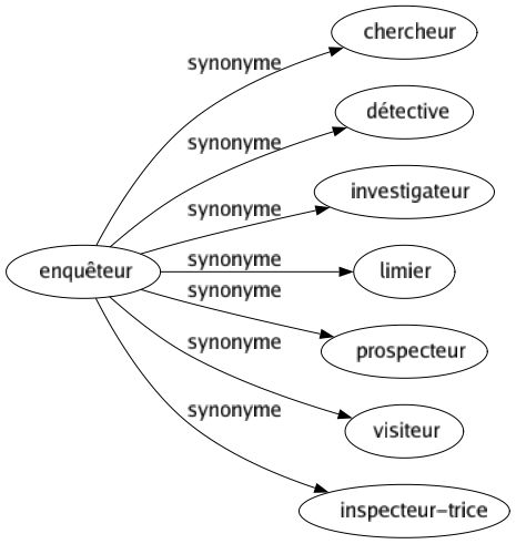 Synonyme de Enquêteur : Chercheur Détective Investigateur Limier Prospecteur Visiteur Inspecteur-trice 