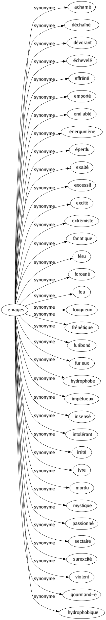 Synonyme de Enrages : Acharné Déchaîné Dévorant Échevelé Effréné Emporté Endiablé Énergumène Éperdu Exalté Excessif Excité Extrémiste Fanatique Féru Forcené Fou Fougueux Frénétique Furibond Furieux Hydrophobe Impétueux Insensé Intolérant Irrité Ivre Mordu Mystique Passionné Sectaire Surexcité Violent Gourmand-e Hydrophobique 