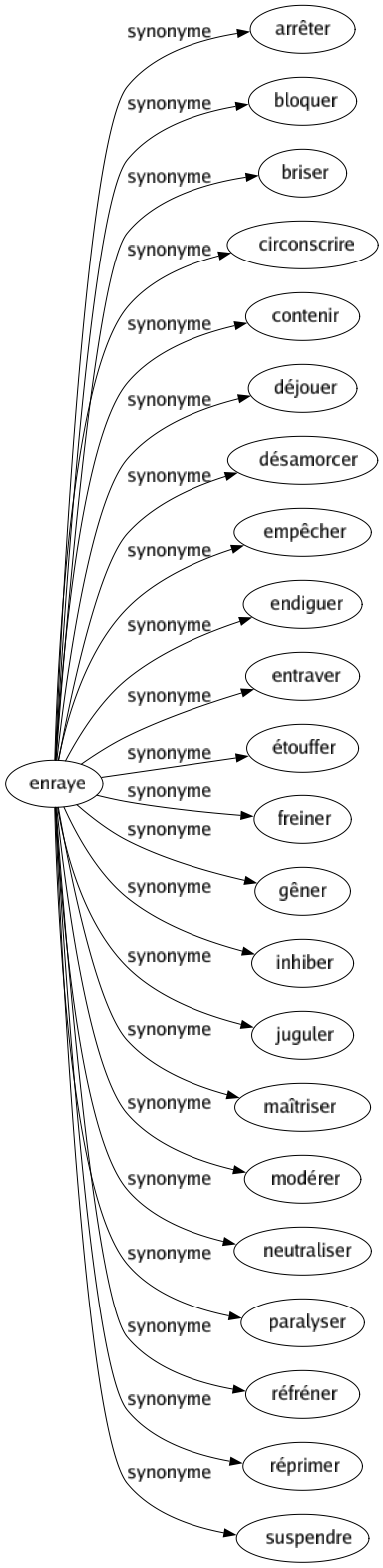 Synonyme de Enraye : Arrêter Bloquer Briser Circonscrire Contenir Déjouer Désamorcer Empêcher Endiguer Entraver Étouffer Freiner Gêner Inhiber Juguler Maîtriser Modérer Neutraliser Paralyser Réfréner Réprimer Suspendre 