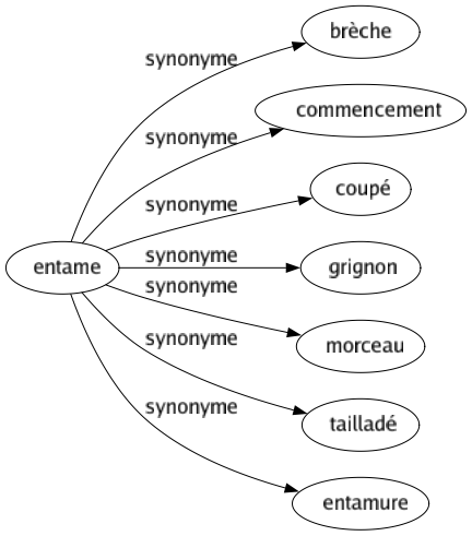 Synonyme de Entame : Brèche Commencement Coupé Grignon Morceau Tailladé Entamure 