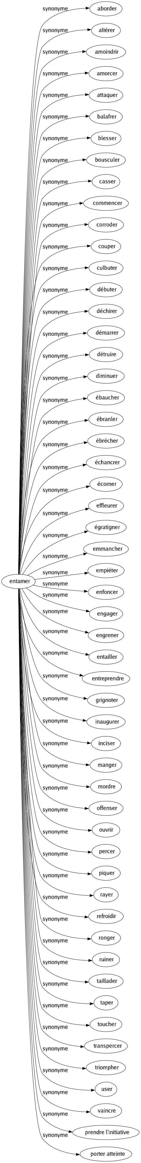 Synonyme de Entamer : Aborder Altérer Amoindrir Amorcer Attaquer Balafrer Blesser Bousculer Casser Commencer Corroder Couper Culbuter Débuter Déchirer Démarrer Détruire Diminuer Ébaucher Ébranler Ébrécher Échancrer Écorner Effleurer Égratigner Emmancher Empiéter Enfoncer Engager Engrener Entailler Entreprendre Grignoter Inaugurer Inciser Manger Mordre Offenser Ouvrir Percer Piquer Rayer Refroidir Ronger Ruiner Taillader Taper Toucher Transpercer Triompher User Vaincre Prendre l'initiative Porter atteinte 