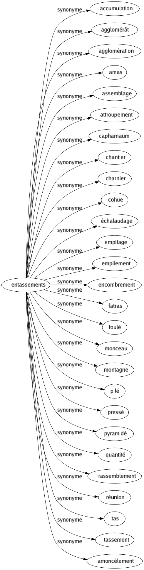 Synonyme de Entassements : Accumulation Agglomérât Agglomération Amas Assemblage Attroupement Capharnaüm Chantier Charnier Cohue Échafaudage Empilage Empilement Encombrement Fatras Foulé Monceau Montagne Pilé Pressé Pyramidé Quantité Rassemblement Réunion Tas Tassement Amoncèlement 