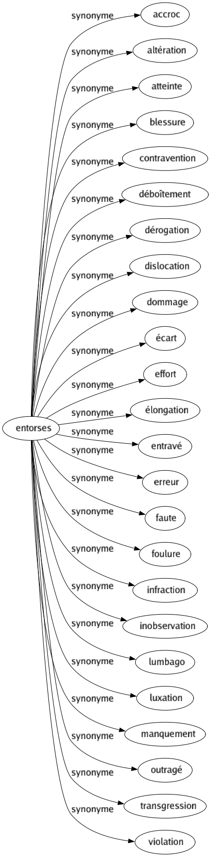 Synonyme de Entorses : Accroc Altération Atteinte Blessure Contravention Déboîtement Dérogation Dislocation Dommage Écart Effort Élongation Entravé Erreur Faute Foulure Infraction Inobservation Lumbago Luxation Manquement Outragé Transgression Violation 