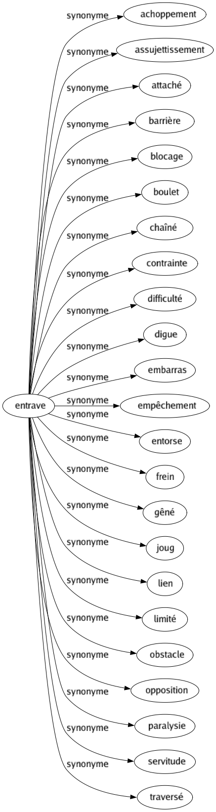 Synonyme de Entrave : Achoppement Assujettissement Attaché Barrière Blocage Boulet Chaîné Contrainte Difficulté Digue Embarras Empêchement Entorse Frein Gêné Joug Lien Limité Obstacle Opposition Paralysie Servitude Traversé 