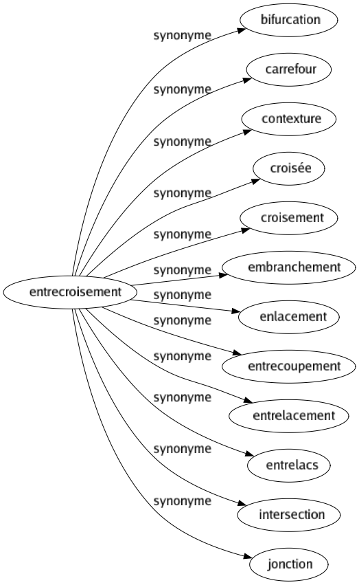 Synonyme de Entrecroisement : Bifurcation Carrefour Contexture Croisée Croisement Embranchement Enlacement Entrecoupement Entrelacement Entrelacs Intersection Jonction 