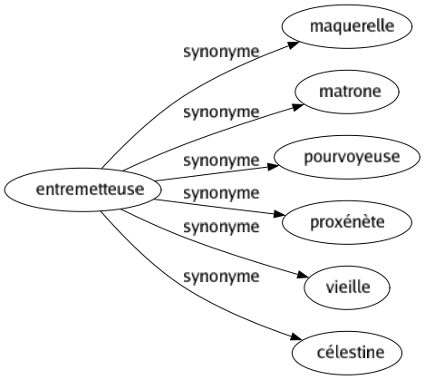 Synonyme de Entremetteuse : Maquerelle Matrone Pourvoyeuse Proxénète Vieille Célestine 