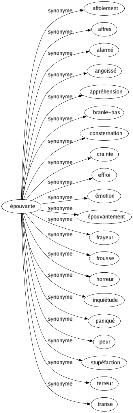 Synonyme de Épouvante : Affolement Affres Alarmé Angoissé Appréhension Branle-bas Consternation Crainte Effroi Émotion Épouvantement Frayeur Frousse Horreur Inquiétude Paniqué Peur Stupéfaction Terreur Transe 