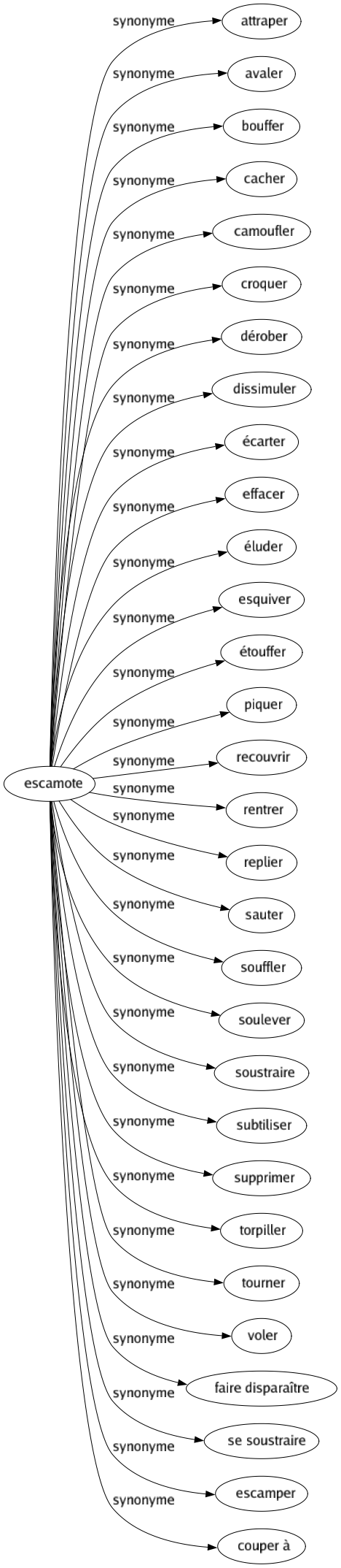 Synonyme de Escamote : Attraper Avaler Bouffer Cacher Camoufler Croquer Dérober Dissimuler Écarter Effacer Éluder Esquiver Étouffer Piquer Recouvrir Rentrer Replier Sauter Souffler Soulever Soustraire Subtiliser Supprimer Torpiller Tourner Voler Faire disparaître Se soustraire Escamper Couper à 