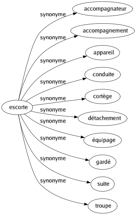 Synonyme de Escorte : Accompagnateur Accompagnement Appareil Conduite Cortège Détachement Équipage Gardé Suite Troupe 