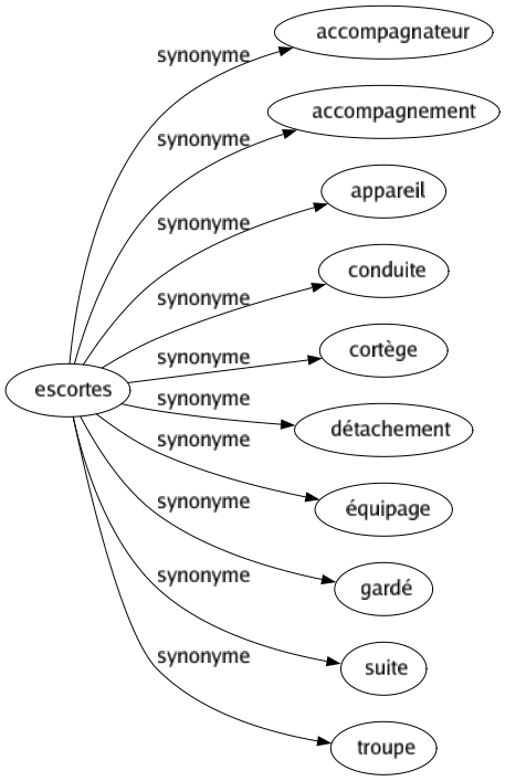 Synonyme de Escortes : Accompagnateur Accompagnement Appareil Conduite Cortège Détachement Équipage Gardé Suite Troupe 