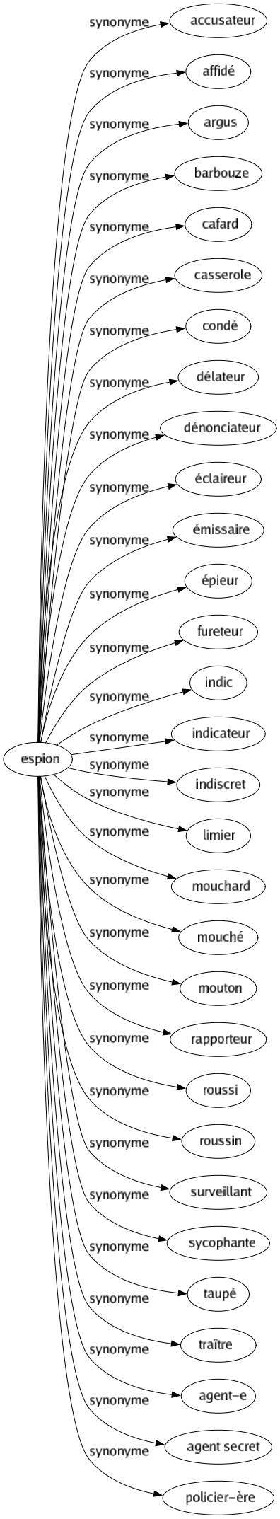 Synonyme de Espion : Accusateur Affidé Argus Barbouze Cafard Casserole Condé Délateur Dénonciateur Éclaireur Émissaire Épieur Fureteur Indic Indicateur Indiscret Limier Mouchard Mouché Mouton Rapporteur Roussi Roussin Surveillant Sycophante Taupé Traître Agent-e Agent secret Policier-ère 