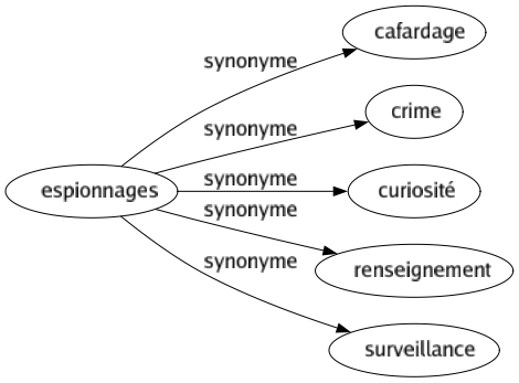 Synonyme de Espionnages : Cafardage Crime Curiosité Renseignement Surveillance 