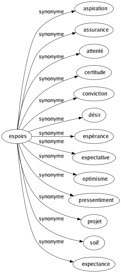 Synonyme de Espoirs : Aspiration Assurance Attenté Certitude Conviction Désir Espérance Expectative Optimisme Pressentiment Projet Soif Expectance 