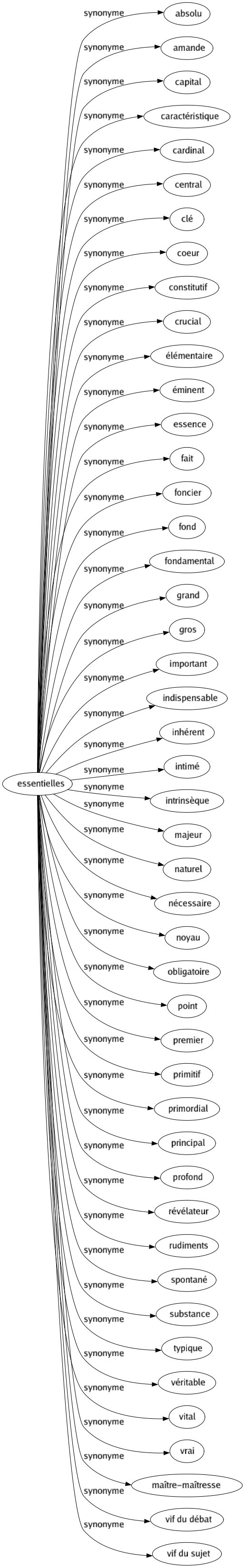 Synonyme de Essentielles : Absolu Amande Capital Caractéristique Cardinal Central Clé Coeur Constitutif Crucial Élémentaire Éminent Essence Fait Foncier Fond Fondamental Grand Gros Important Indispensable Inhérent Intimé Intrinsèque Majeur Naturel Nécessaire Noyau Obligatoire Point Premier Primitif Primordial Principal Profond Révélateur Rudiments Spontané Substance Typique Véritable Vital Vrai Maître-maîtresse Vif du débat Vif du sujet 