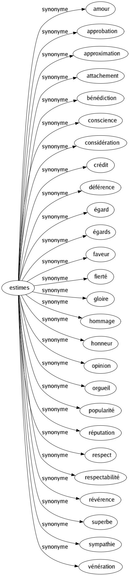 Synonyme de Estimes : Amour Approbation Approximation Attachement Bénédiction Conscience Considération Crédit Déférence Égard Égards Faveur Fierté Gloire Hommage Honneur Opinion Orgueil Popularité Réputation Respect Respectabilité Révérence Superbe Sympathie Vénération 