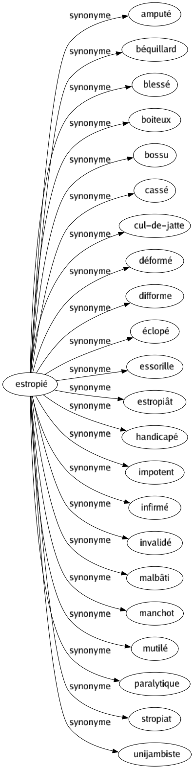 Synonyme de Estropié : Amputé Béquillard Blessé Boiteux Bossu Cassé Cul-de-jatte Déformé Difforme Éclopé Essorille Estropiât Handicapé Impotent Infirmé Invalidé Malbâti Manchot Mutilé Paralytique Stropiat Unijambiste 