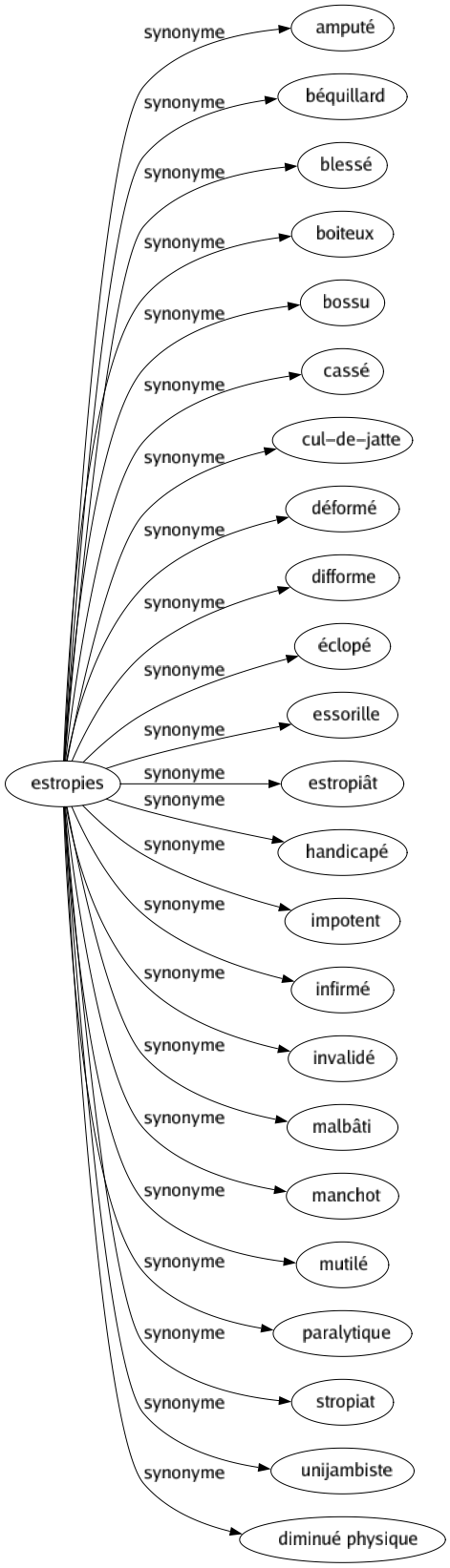 Synonyme de Estropies : Amputé Béquillard Blessé Boiteux Bossu Cassé Cul-de-jatte Déformé Difforme Éclopé Essorille Estropiât Handicapé Impotent Infirmé Invalidé Malbâti Manchot Mutilé Paralytique Stropiat Unijambiste Diminué physique 