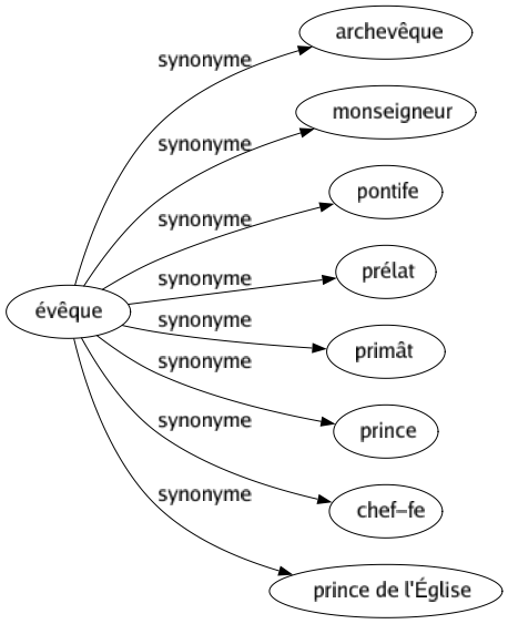 Synonyme de Évêque : Archevêque Monseigneur Pontife Prélat Primât Prince Chef-fe Prince de l'église 