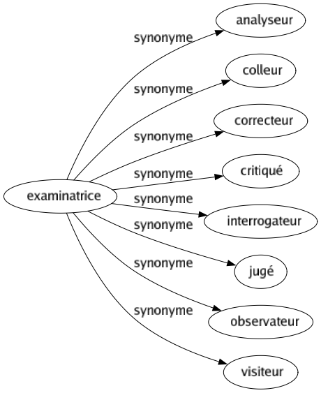 Synonyme de Examinatrice : Analyseur Colleur Correcteur Critiqué Interrogateur Jugé Observateur Visiteur 