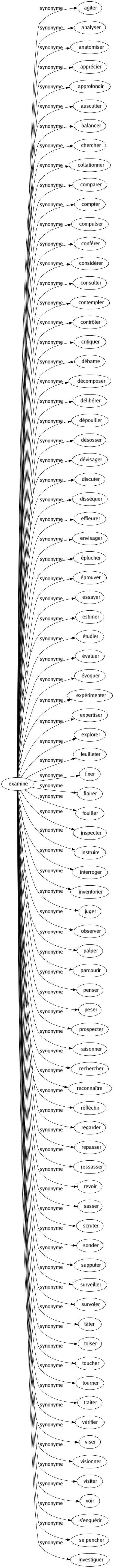 Synonyme de Examine : Agiter Analyser Anatomiser Apprécier Approfondir Ausculter Balancer Chercher Collationner Comparer Compter Compulser Conférer Considérer Consulter Contempler Contrôler Critiquer Débattre Décomposer Délibérer Dépouiller Désosser Dévisager Discuter Disséquer Effleurer Envisager Éplucher Éprouver Essayer Estimer Étudier Évaluer Évoquer Expérimenter Expertiser Explorer Feuilleter Fixer Flairer Fouiller Inspecter Instruire Interroger Inventorier Juger Observer Palper Parcourir Penser Peser Prospecter Raisonner Rechercher Reconnaître Réfléchir Regarder Repasser Ressasser Revoir Sasser Scruter Sonder Supputer Surveiller Survoler Tâter Toiser Toucher Tourner Traiter Vérifier Viser Visionner Visiter Voir S'enquérir Se pencher Investiguer 