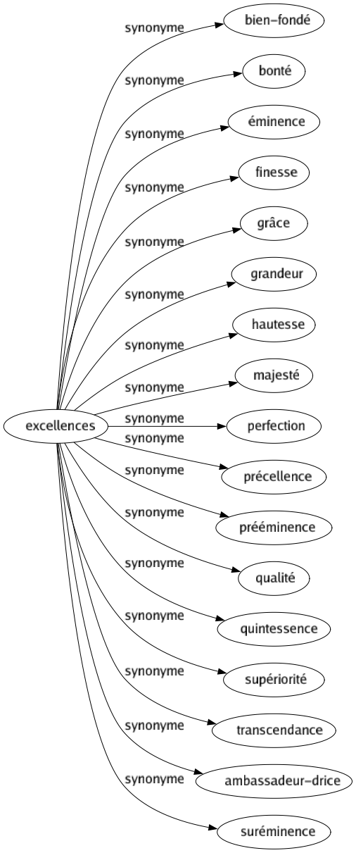 Synonyme de Excellences : Bien-fondé Bonté Éminence Finesse Grâce Grandeur Hautesse Majesté Perfection Précellence Prééminence Qualité Quintessence Supériorité Transcendance Ambassadeur-drice Suréminence 