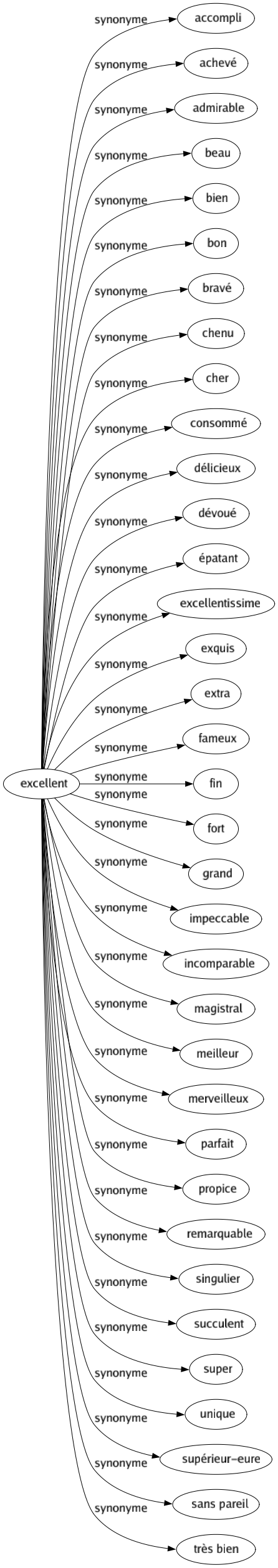 Synonyme de Excellent : Accompli Achevé Admirable Beau Bien Bon Bravé Chenu Cher Consommé Délicieux Dévoué Épatant Excellentissime Exquis Extra Fameux Fin Fort Grand Impeccable Incomparable Magistral Meilleur Merveilleux Parfait Propice Remarquable Singulier Succulent Super Unique Supérieur-eure Sans pareil Très bien 