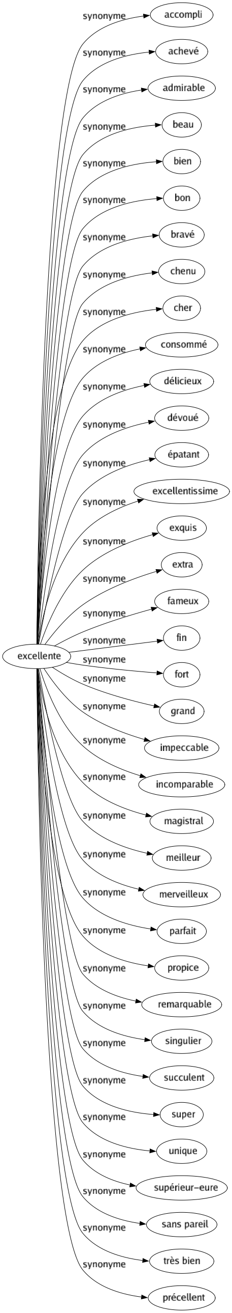 Synonyme de Excellente : Accompli Achevé Admirable Beau Bien Bon Bravé Chenu Cher Consommé Délicieux Dévoué Épatant Excellentissime Exquis Extra Fameux Fin Fort Grand Impeccable Incomparable Magistral Meilleur Merveilleux Parfait Propice Remarquable Singulier Succulent Super Unique Supérieur-eure Sans pareil Très bien Précellent 
