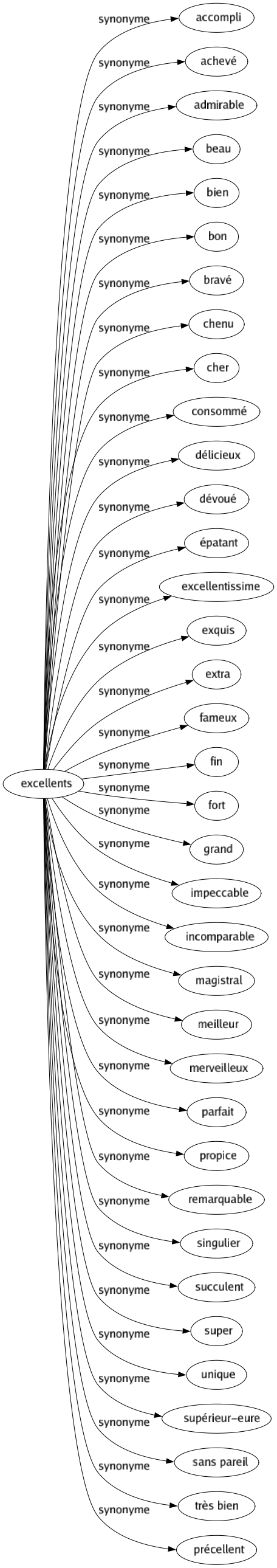 Synonyme de Excellents : Accompli Achevé Admirable Beau Bien Bon Bravé Chenu Cher Consommé Délicieux Dévoué Épatant Excellentissime Exquis Extra Fameux Fin Fort Grand Impeccable Incomparable Magistral Meilleur Merveilleux Parfait Propice Remarquable Singulier Succulent Super Unique Supérieur-eure Sans pareil Très bien Précellent 