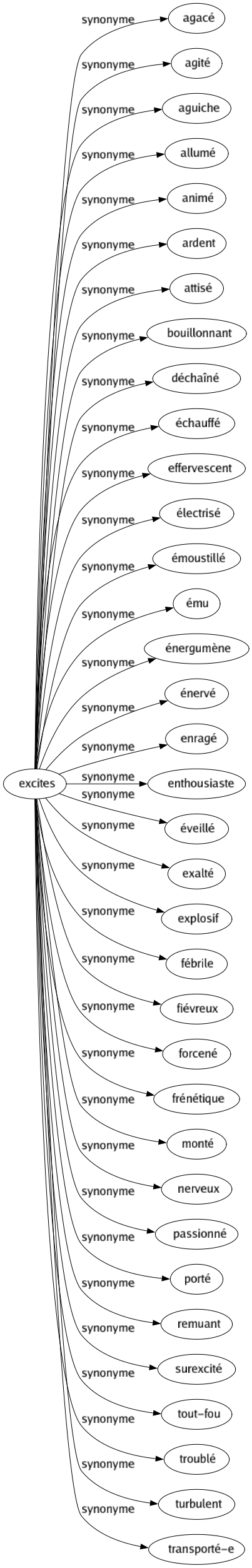 Synonyme de Excites : Agacé Agité Aguiche Allumé Animé Ardent Attisé Bouillonnant Déchaîné Échauffé Effervescent Électrisé Émoustillé Ému Énergumène Énervé Enragé Enthousiaste Éveillé Exalté Explosif Fébrile Fiévreux Forcené Frénétique Monté Nerveux Passionné Porté Remuant Surexcité Tout-fou Troublé Turbulent Transporté-e 