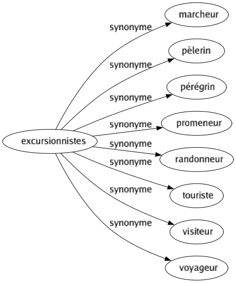 Synonyme de Excursionnistes : Marcheur Pèlerin Pérégrin Promeneur Randonneur Touriste Visiteur Voyageur 