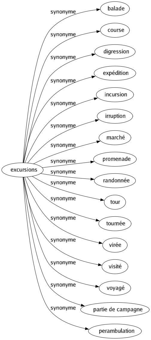 Synonyme de Excursions : Balade Course Digression Expédition Incursion Irruption Marché Promenade Randonnée Tour Tournée Virée Visité Voyagé Partie de campagne Perambulation 