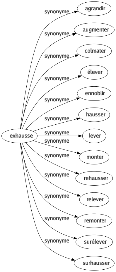 Synonyme de Exhausse : Agrandir Augmenter Colmater Élever Ennoblir Hausser Lever Monter Rehausser Relever Remonter Surélever Surhausser 