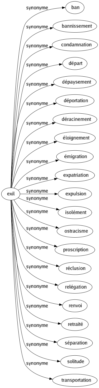 Synonyme de Exil : Ban Bannissement Condamnation Départ Dépaysement Déportation Déracinement Éloignement Émigration Expatriation Expulsion Isolément Ostracisme Proscription Réclusion Relégation Renvoi Retraité Séparation Solitude Transportation 