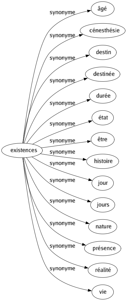 Synonyme de Existences : Âgé Cénesthésie Destin Destinée Durée État Être Histoire Jour Jours Nature Présence Réalité Vie 