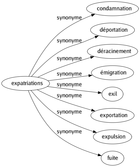 Synonyme de Expatriations : Condamnation Déportation Déracinement Émigration Exil Exportation Expulsion Fuite 