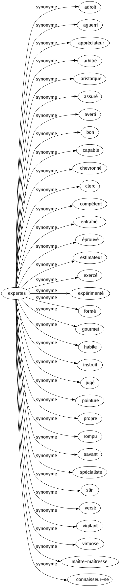 Synonyme de Expertes : Adroit Aguerri Appréciateur Arbitré Aristarque Assuré Averti Bon Capable Chevronné Clerc Compétent Entraîné Éprouvé Estimateur Exercé Expérimenté Formé Gourmet Habile Instruit Jugé Pointure Propre Rompu Savant Spécialiste Sûr Versé Vigilant Virtuose Maître-maîtresse Connaisseur-se 