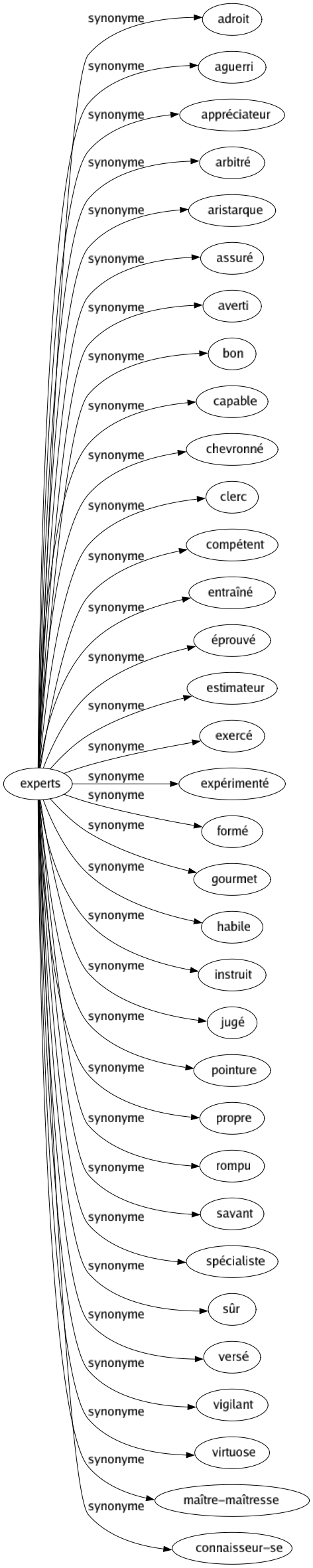 Synonyme de Experts : Adroit Aguerri Appréciateur Arbitré Aristarque Assuré Averti Bon Capable Chevronné Clerc Compétent Entraîné Éprouvé Estimateur Exercé Expérimenté Formé Gourmet Habile Instruit Jugé Pointure Propre Rompu Savant Spécialiste Sûr Versé Vigilant Virtuose Maître-maîtresse Connaisseur-se 