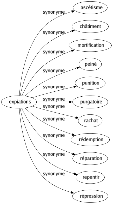 Synonyme de Expiations : Ascétisme Châtiment Mortification Peiné Punition Purgatoire Rachat Rédemption Réparation Repentir Répression 